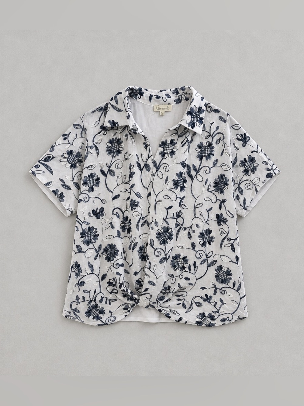 Chenault White Top with Navy Floral Embroidery